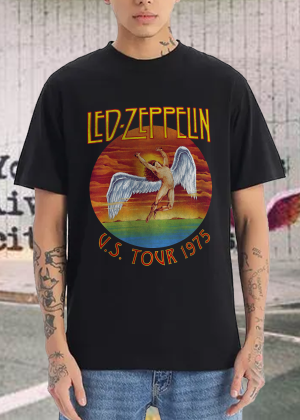 Led Zeppelin Men's Standard Us Tour 1975 White T-Shirt Cotton Soft T-Shirts Men Crew Neck Short Sleeve Shirt