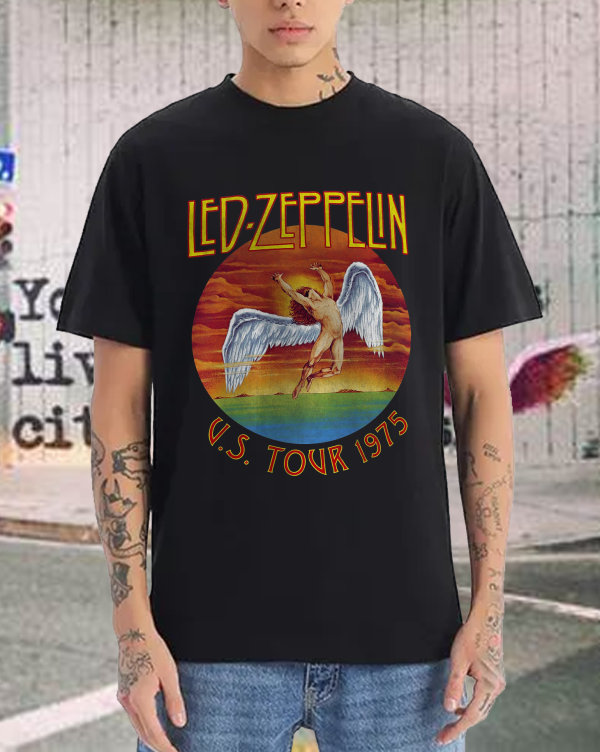Led Zeppelin Men's Standard Us Tour 1975 White T-Shirt Cotton Soft T-Shirts Men Crew Neck Short Sleeve Shirt