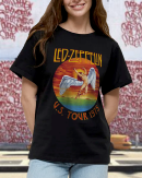 Led Zeppelin Men's Standard Us Tour 1975 White T-Shirt Cotton Soft T-Shirts Men Crew Neck Short Sleeve Shirt