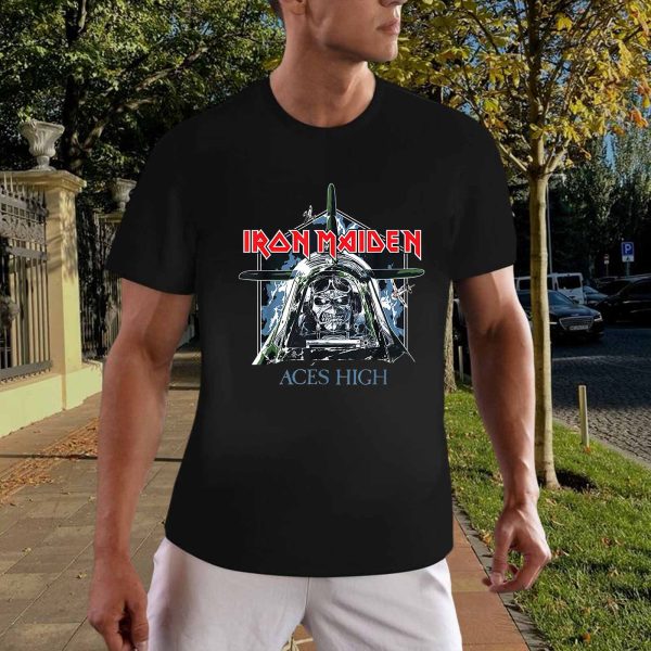 Men's Iron Maiden Band Aces High T-Shirt Vintage Rock Graphic Tee Cotton Rock Fan pop Rock Music World Tour Black T-Shirt - Image 2
