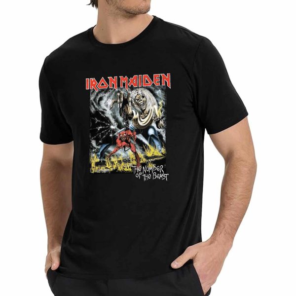 Men's Iron Maiden Eddie Number Of The Beast T-Shirt Vintage Rock Band Fan pop Rock Music World Tour Crewneck Cotton T-Shirt