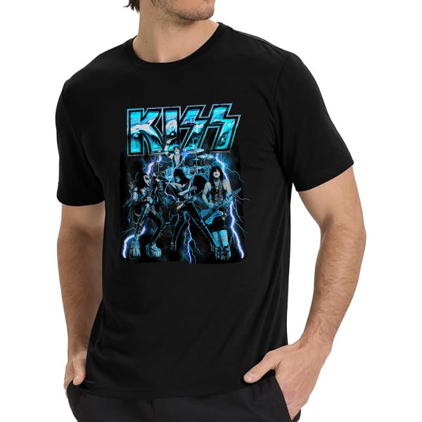 Men's KISS Blue Lightning Cotton Rock Fan Pop Rock Music World Tour Black T-Shirt Unisex Adult Slim Fit Black Cartoon T-Shirt - Image 5