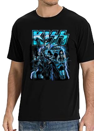 Men's KISS Blue Lightning Cotton Rock Fan Pop Rock Music World Tour Black T-Shirt Unisex Adult Slim Fit Black Cartoon T-Shirt