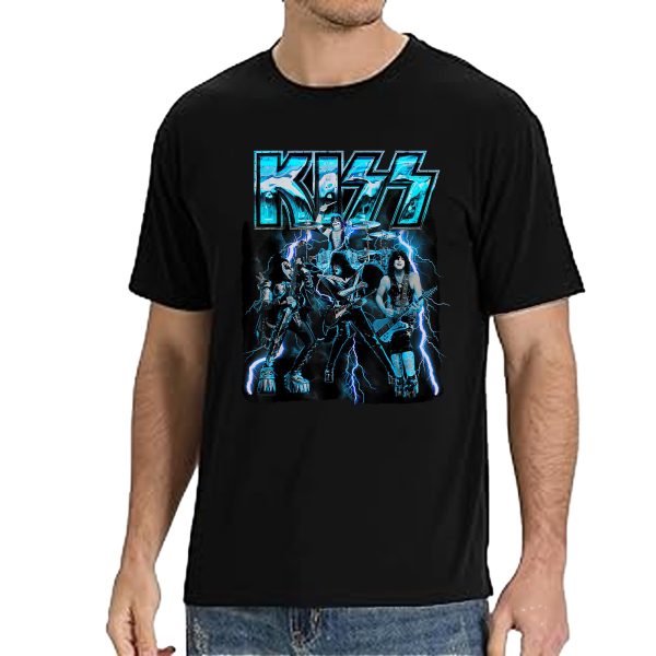 Men's KISS Blue Lightning Cotton Rock Fan Pop Rock Music World Tour Black T-Shirt Unisex Adult Slim Fit Black Cartoon T-Shirt