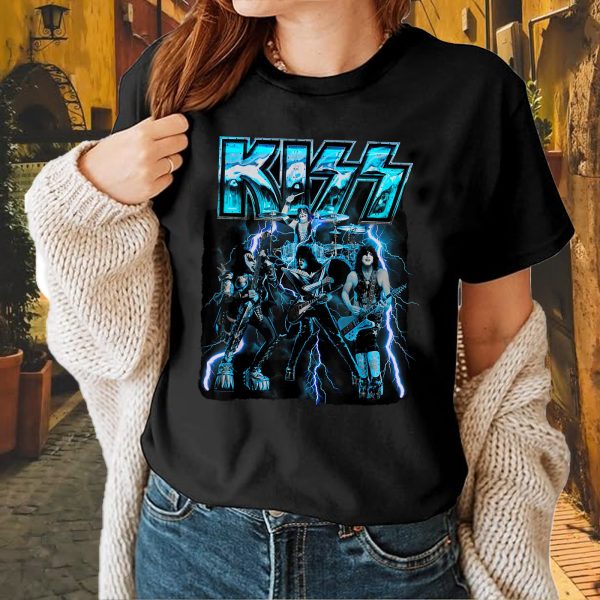Men's KISS Blue Lightning Cotton Rock Fan Pop Rock Music World Tour Black T-Shirt Unisex Adult Slim Fit Black Cartoon T-Shirt - Image 4