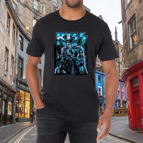 Men's KISS Blue Lightning Cotton Rock Fan Pop Rock Music World Tour Black T-Shirt Unisex Adult Slim Fit Black Cartoon T-Shirt - Image 3