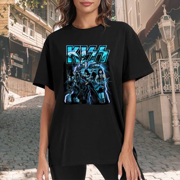 Men's KISS Blue Lightning Cotton Rock Fan Pop Rock Music World Tour Black T-Shirt Unisex Adult Slim Fit Black Cartoon T-Shirt - Image 2